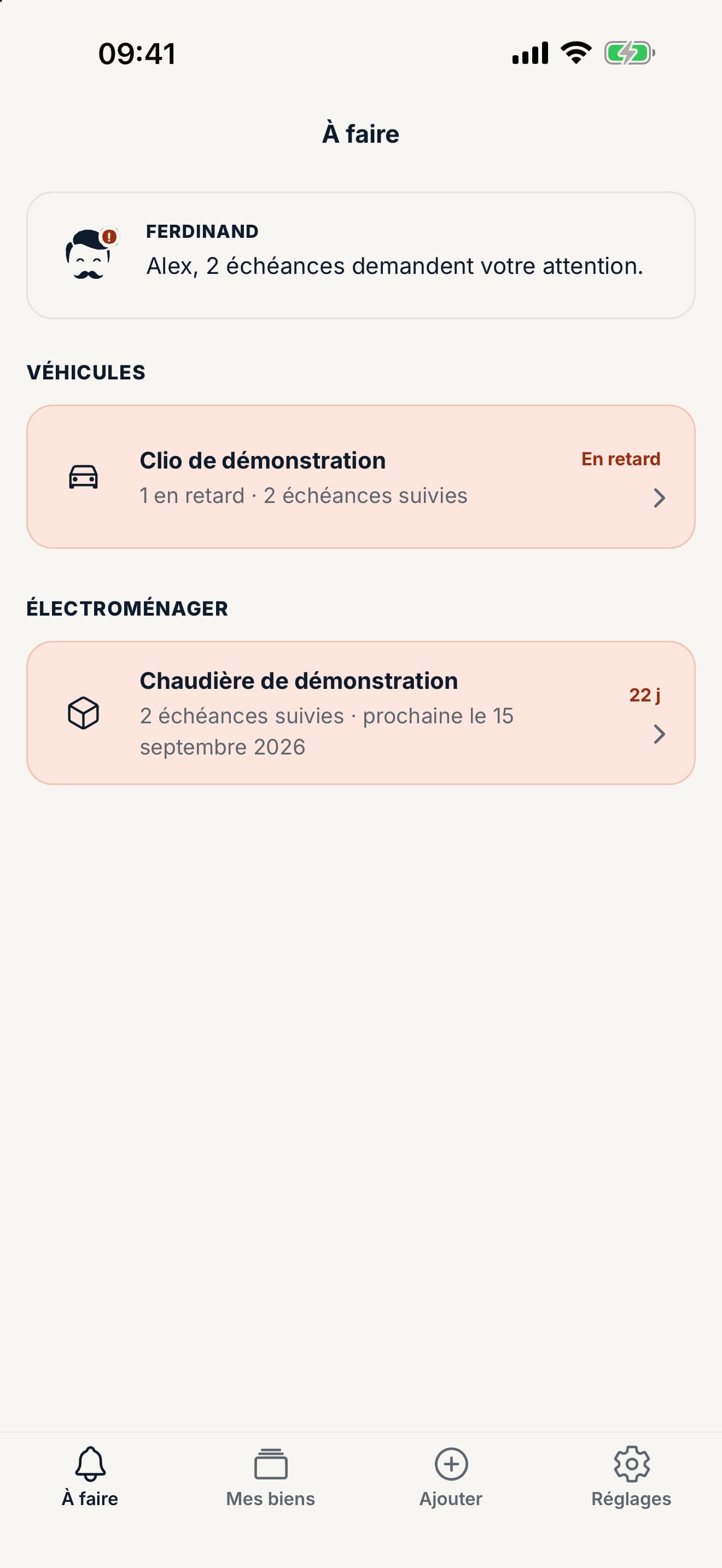 Tableau de bord de l’application Ferdinand