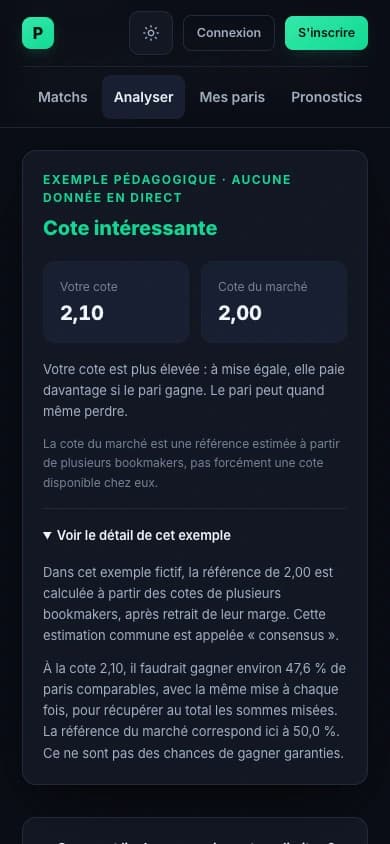 Interface mobile du site ProbaLab : comparaison d’une cote avec le consensus du marché, sur un exemple pédagogique