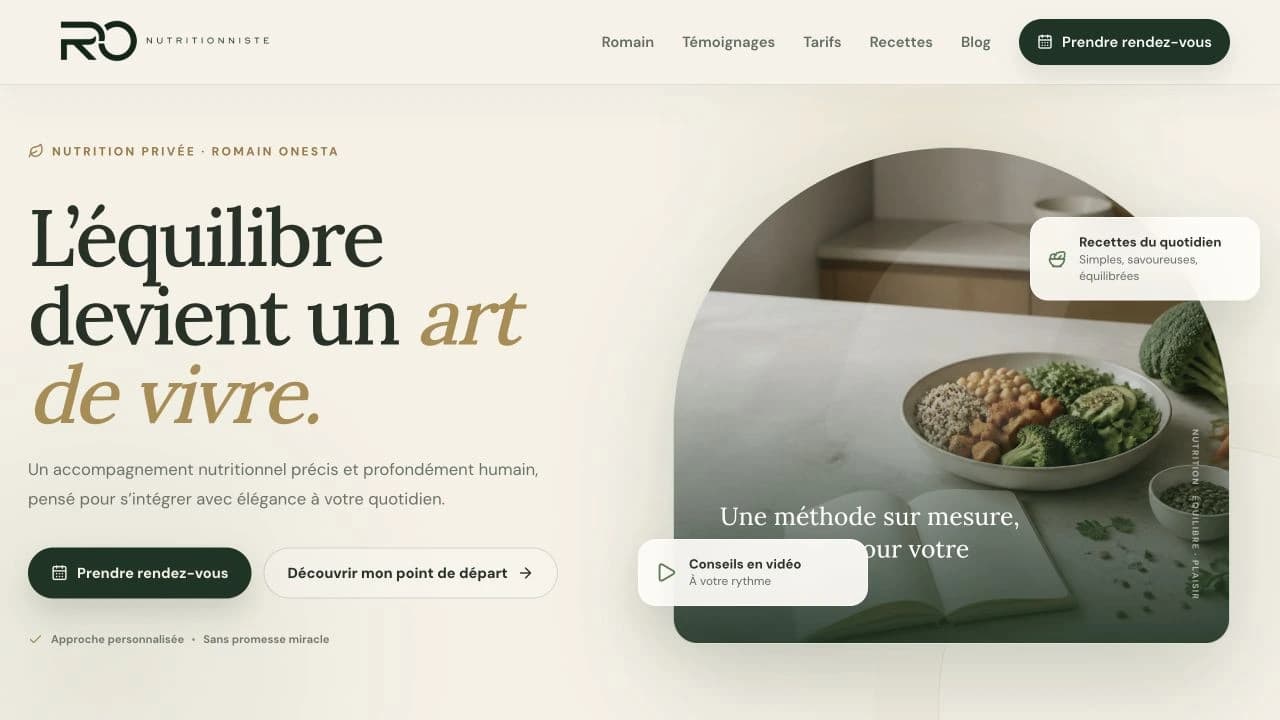 Accueil du site Ro Nutritionniste : identité sauge, assiette équilibrée et accompagnement de Romain ONESTA