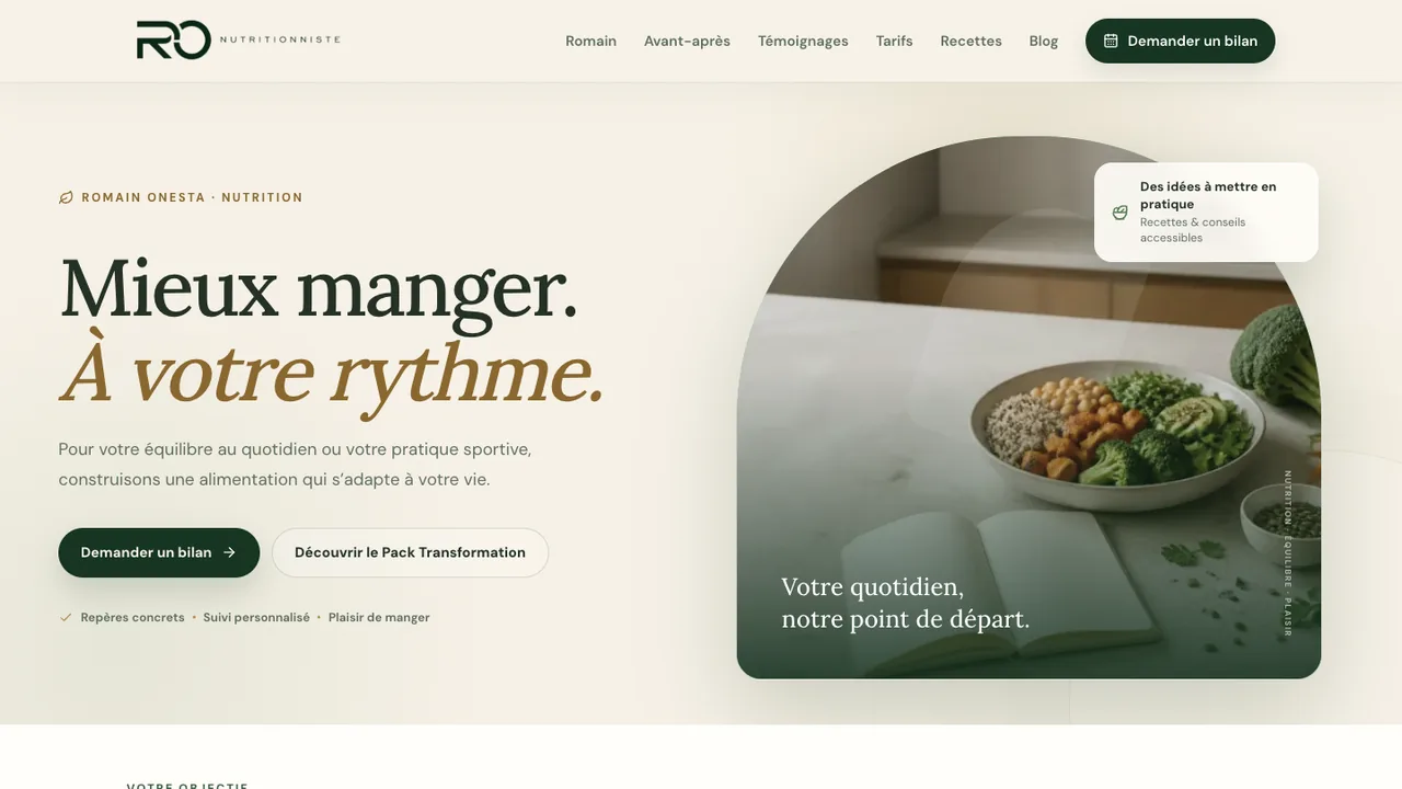 Accueil du site Ro Nutritionniste sur ordinateur : « Mieux manger. À votre rythme. », assiette équilibrée et bouton de demande de bilan